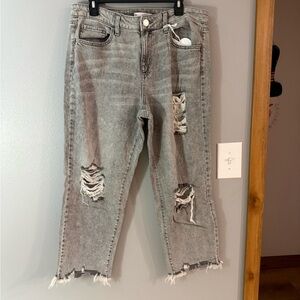 SO Women's Distressed Gray Straight Leg Jeans